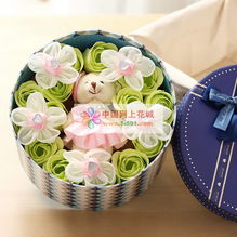 庫爾勒網上花店 商品內容 產品包含 15朵香皂花,9顆費列羅巧克力,一只婚禮熊 禮盒尺寸 直徑20 高12cm